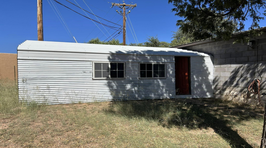 mini shed with garage door  dirt floor