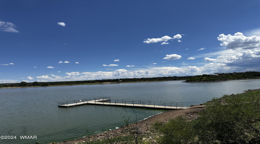 View of lake and docks.