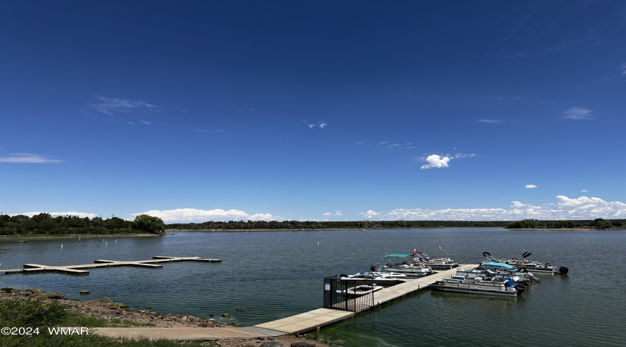 View of lake and docks.