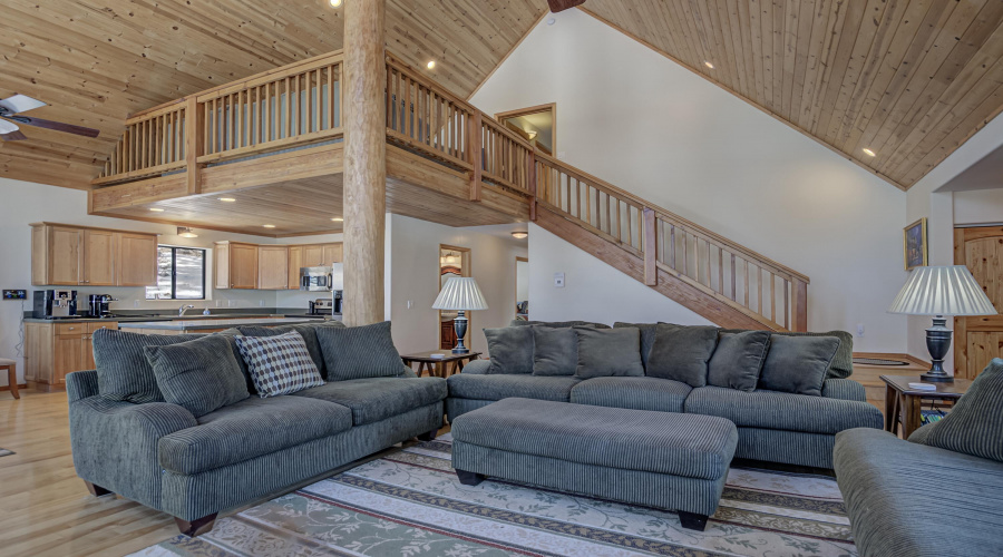 Great room with view of loft