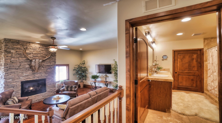 family room fireplace and bath