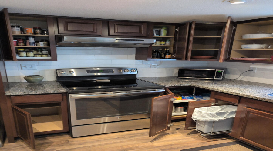 Kitchen with counters open