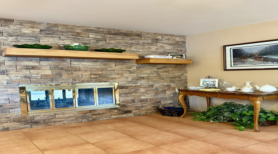 Fireplace in dining area