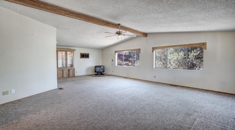 large living room with pellet stove